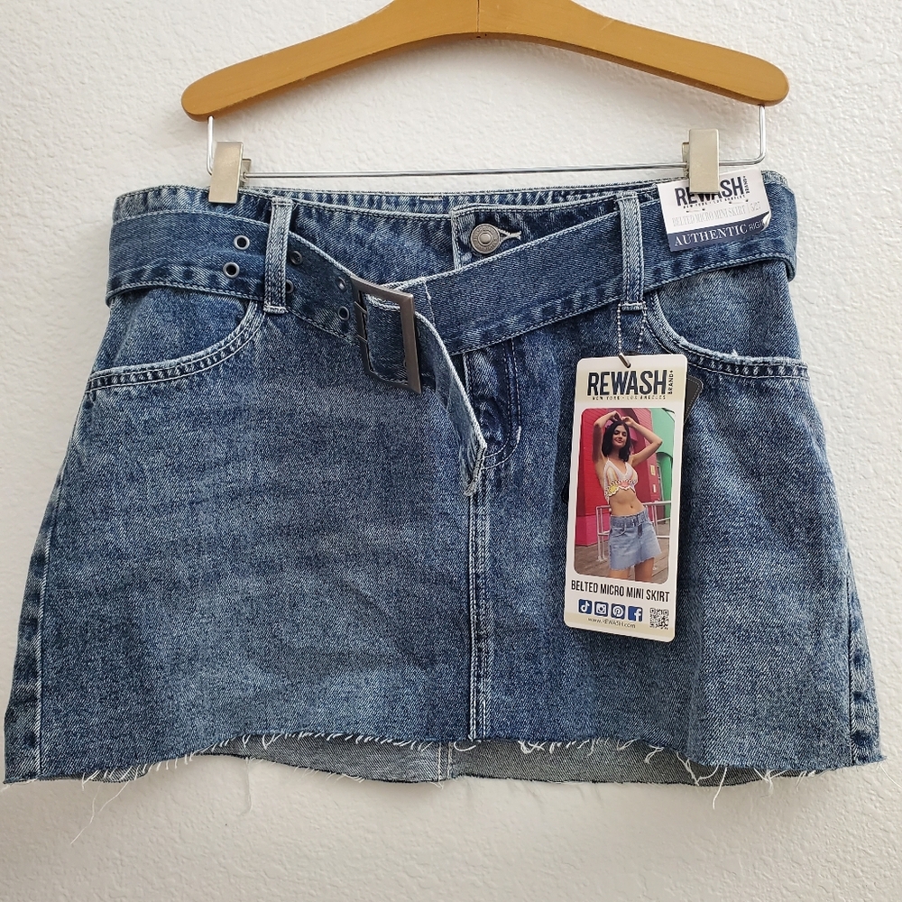 NWT Rewash Blue Denim Belted Micro Mini Skirt 100% Cotton Raw Hem